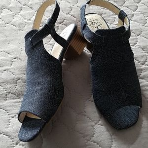 Blue jean mule peep toe sandals